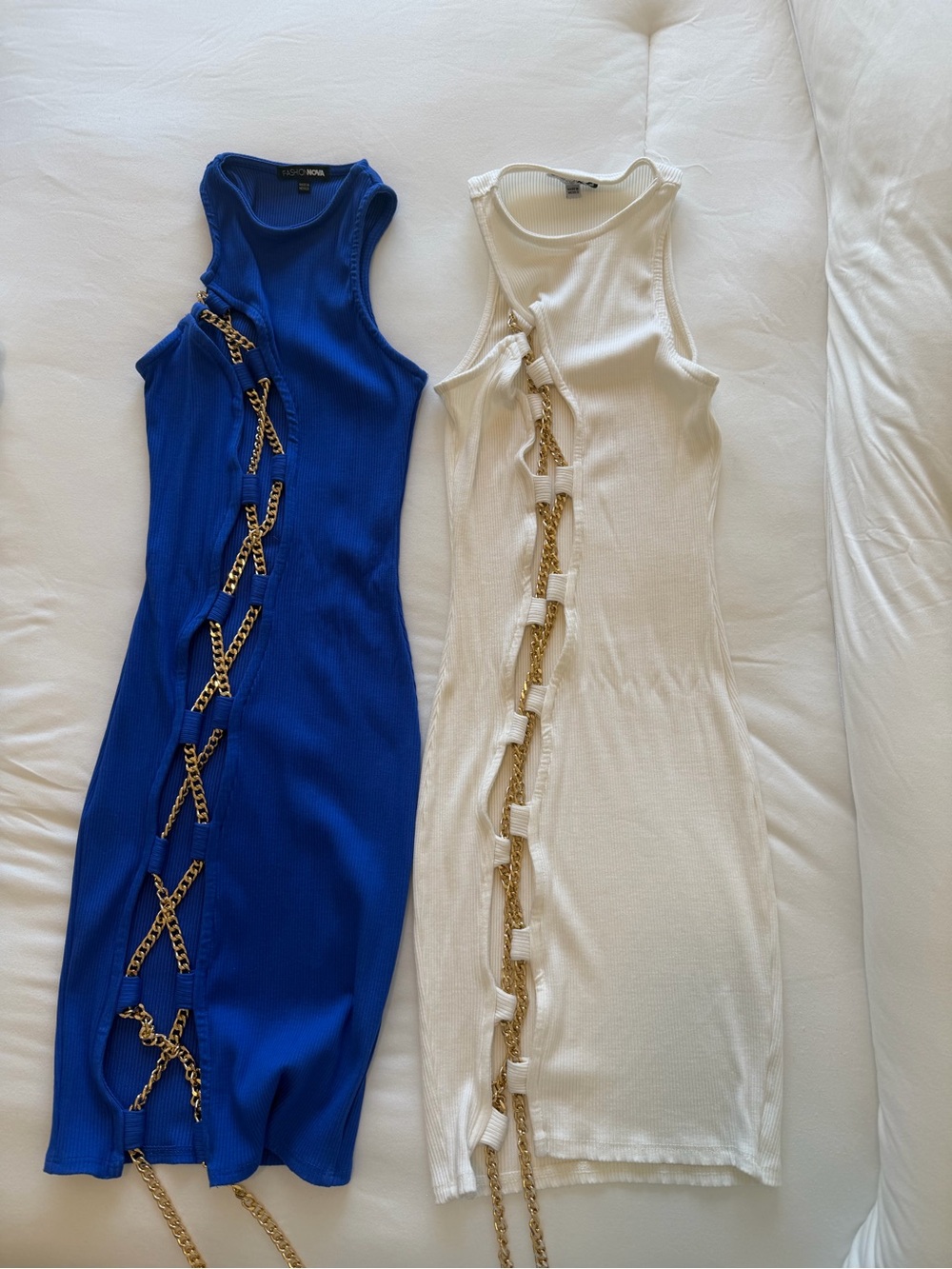 Fashion Nova Royal Blue & Ivory Chain-Lace Midi Dresses